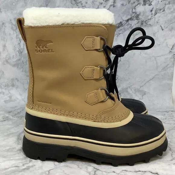 Sorel Youth Sz 5 Tan Caribou Waterproof Leather Winter Snow Boots Lace Up P18-11
