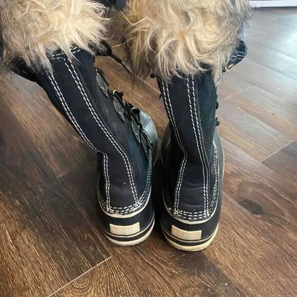 Sorel Black Womens Joan Of Arctic Waterproof Fur Lined Lace Up Winter Snow Boots