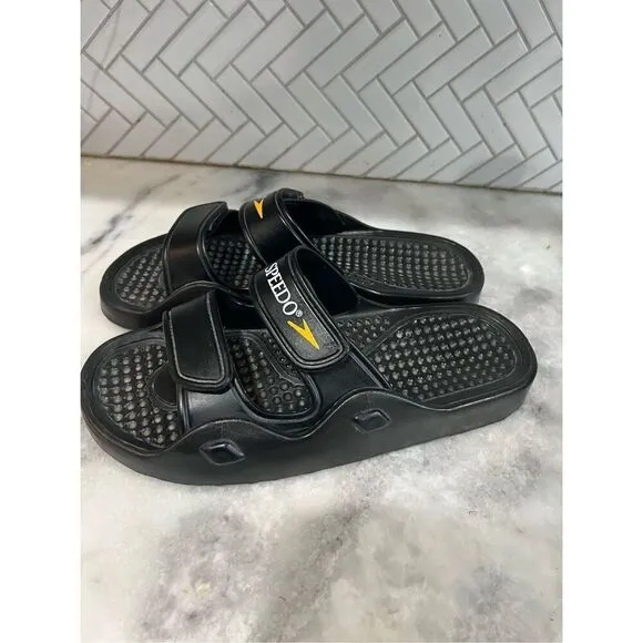 Speedo Water Swim Sandals Men Sz 11 Wms 13 Black 2 Strap Slides Yellow Logo