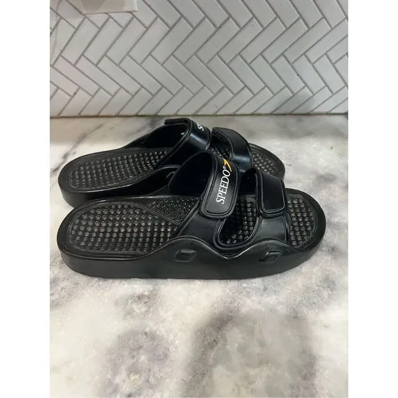 Speedo Water Swim Sandals Men Sz 11 Wms 13 Black 2 Strap Slides Yellow Logo