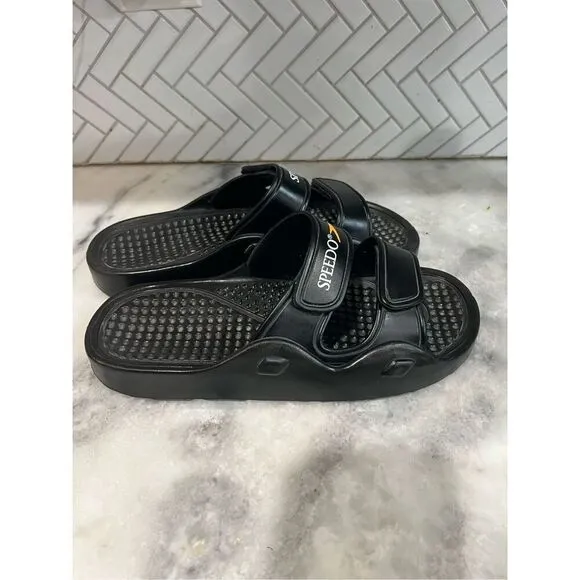 Speedo Water Swim Sandals Men Sz 11 Wms 13 Black 2 Strap Slides Yellow Logo