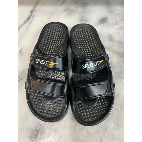 Speedo Water Swim Sandals Men Sz 11 Wms 13 Black 2 Strap Slides Yellow Logo