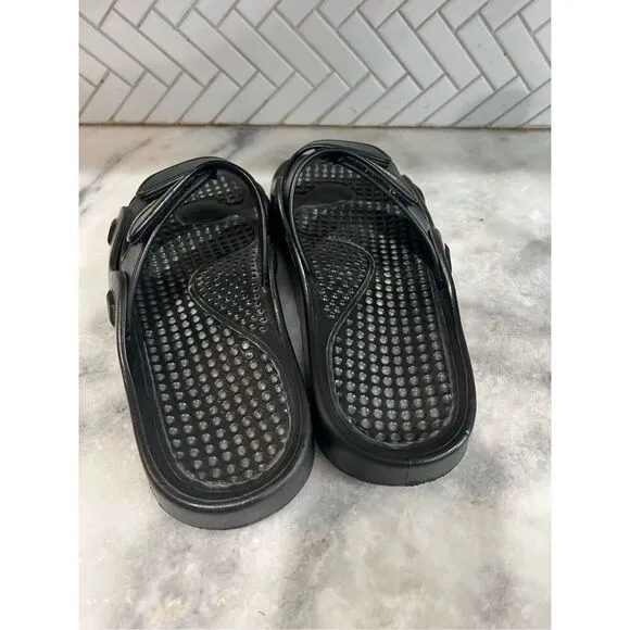 Speedo Water Swim Sandals Men Sz 11 Wms 13 Black 2 Strap Slides Yellow Logo