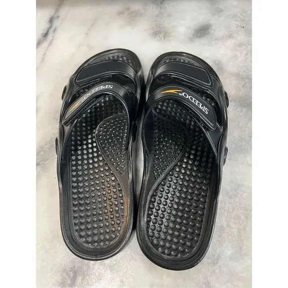 Speedo Water Swim Sandals Men Sz 11 Wms 13 Black 2 Strap Slides Yellow Logo
