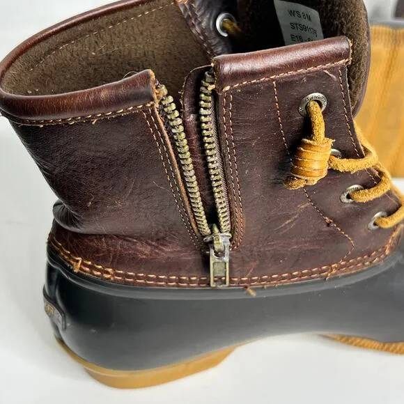 Sperry Saltwater Core Duck Boots Brown Leather Shoe Size 8