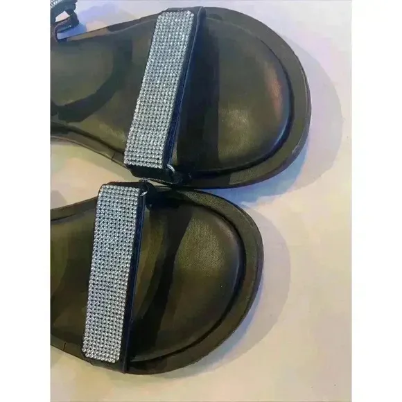 STAUD Betty Rhinestone Sandals Black Leather Size 11 41 Grip Strap Open Toe $395