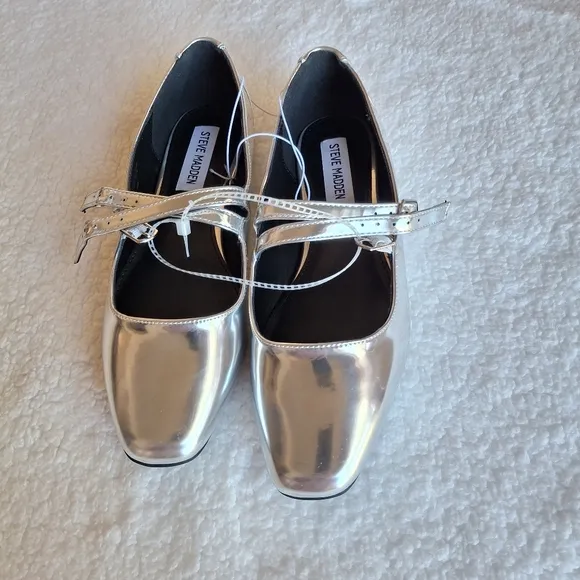 Steve Madden 7.5 Metallic Patent Flats Leather Square Toe MaryJane Alisa Benson
