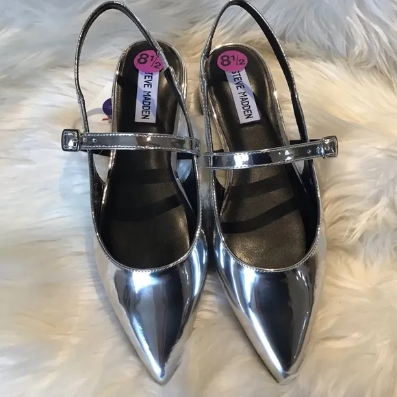 Steve Madden Anyaa silver point toe slingback maryjane ballet flats Size 8.5 NWT