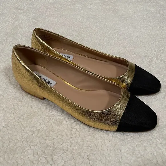 Steve Madden Blair Cap Toe Ballet Flat Gold Metallic Black Round Toe 9