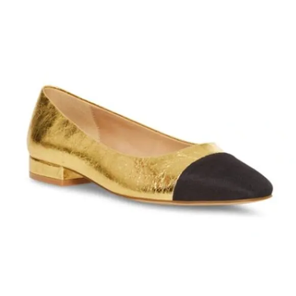 Steve Madden Blair Cap Toe Ballet Flat Gold Metallic Black Round Toe 9