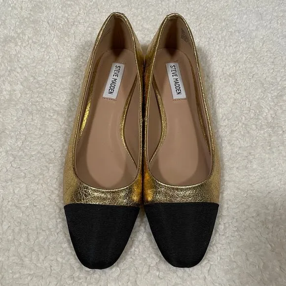 Steve Madden Blair Cap Toe Ballet Flat Gold Metallic Black Round Toe 9