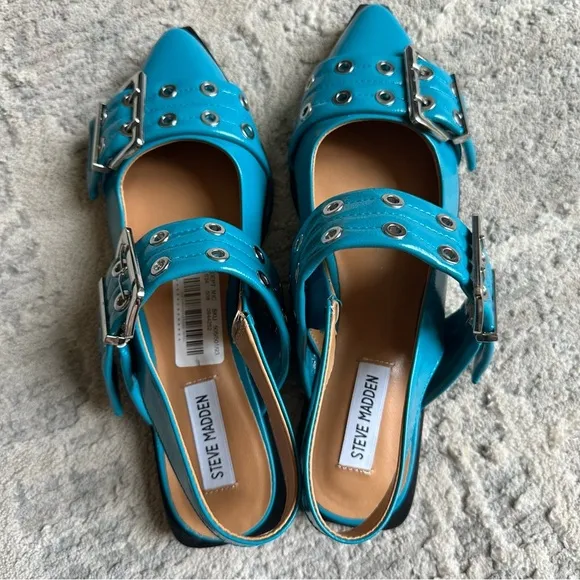 Steve Madden Graya Blue Patent Studded Grommet Buckle Slingback Flats Size 9