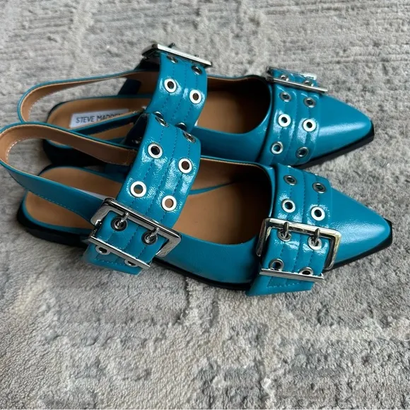 Steve Madden Graya Blue Patent Studded Grommet Buckle Slingback Flats Size 9