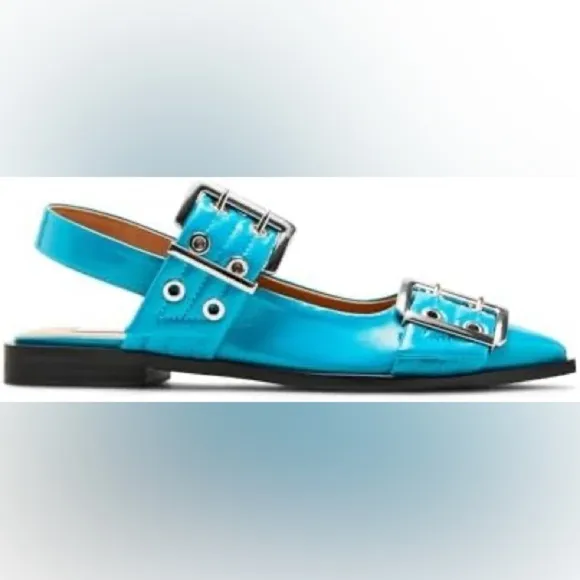 Steve Madden Graya Blue Patent Studded Grommet Buckle Slingback Flats Size 9