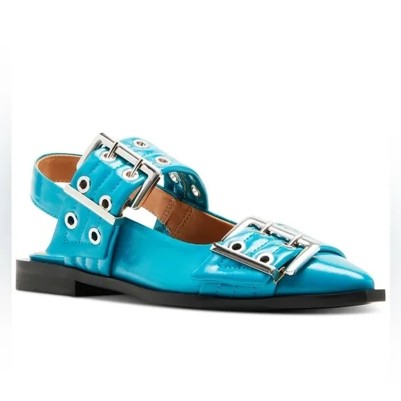 Steve Madden Graya Blue Patent Studded Grommet Buckle Slingback Flats Size 9