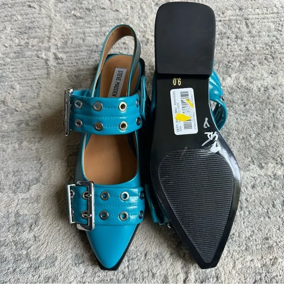 Steve Madden Graya Blue Patent Studded Grommet Buckle Slingback Flats Size 9