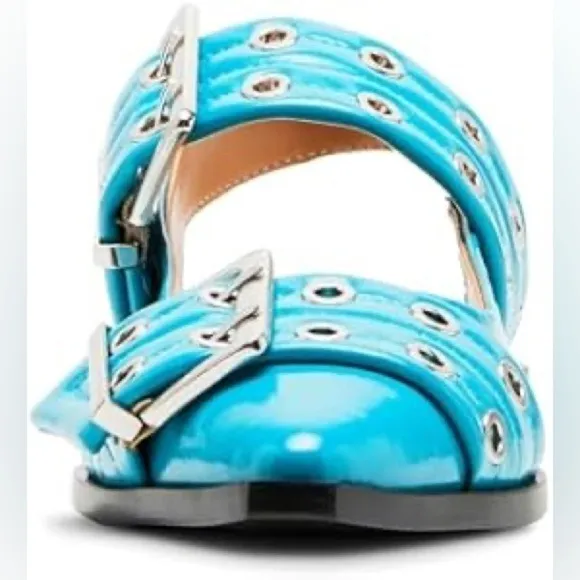 Steve Madden Graya Blue Patent Studded Grommet Buckle Slingback Flats Size 9