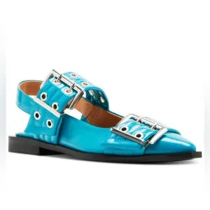 Steve Madden Graya Blue Patent Studded Grommet Buckle Slingback Flats Size 9