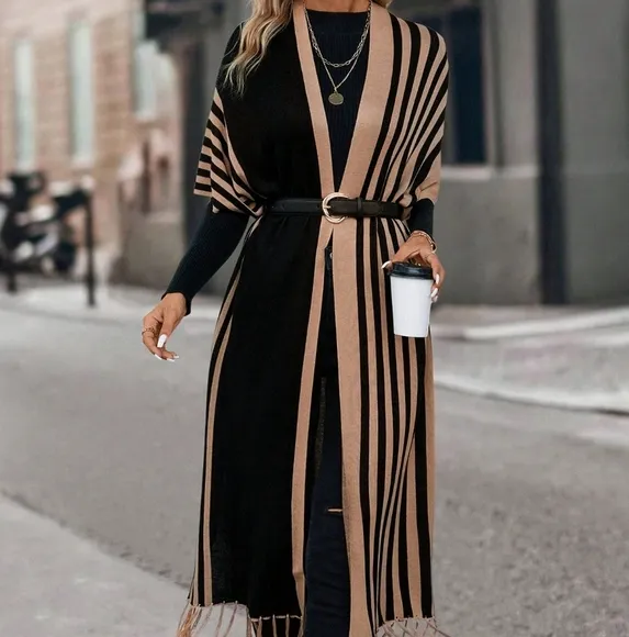 Striped Pattern Fringe Trim Batwing Sleeve Duster Cardigan