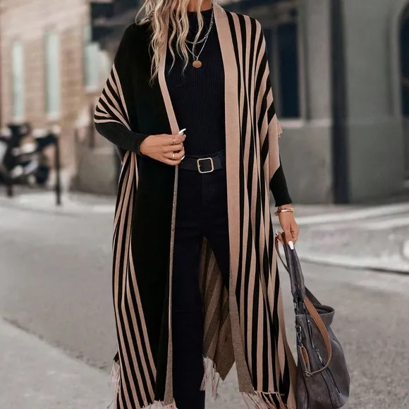Striped Pattern Fringe Trim Batwing Sleeve Duster Cardigan