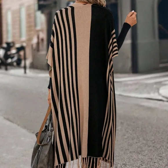 Striped Pattern Fringe Trim Batwing Sleeve Duster Cardigan