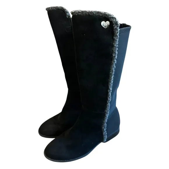 Stuart Weitzman 50/50 Shearling Black Dark Gray Boots Heart Suede Size 4 Girls