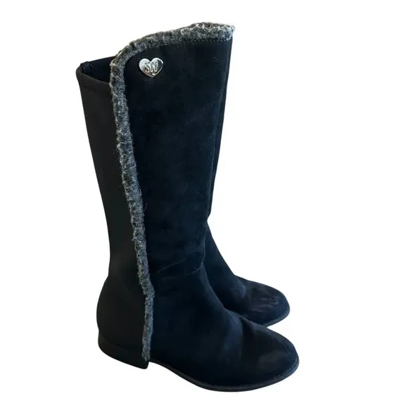 Stuart Weitzman 50/50 Shearling Black Dark Gray Boots Heart Suede Size 4 Girls