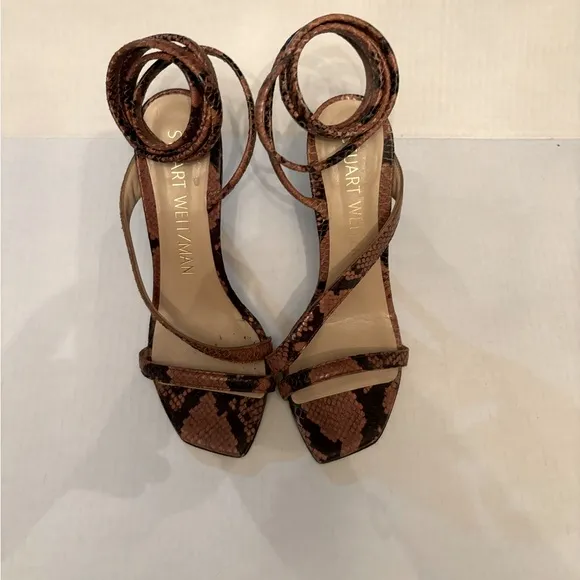 STUART WEITZMAN Beatrix 100 wrap high heel sandal cappuccino brown snakeskin sz8