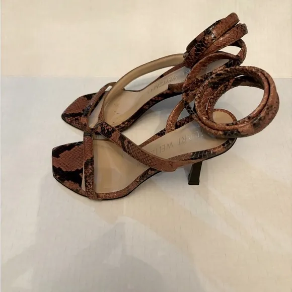 STUART WEITZMAN Beatrix 100 wrap high heel sandal cappuccino brown snakeskin sz8