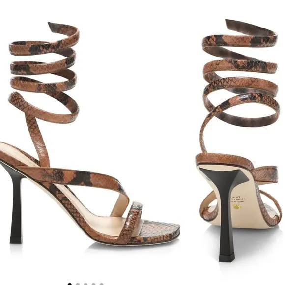 STUART WEITZMAN Beatrix 100 wrap high heel sandal cappuccino brown snakeskin sz8