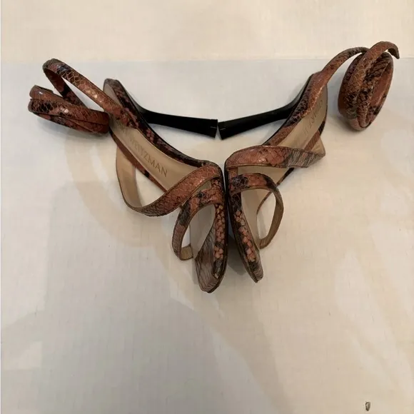 STUART WEITZMAN Beatrix 100 wrap high heel sandal cappuccino brown snakeskin sz8