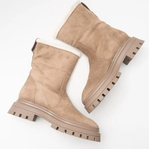 Stuart Weitzman. Bedford Chill Genuine Shearling Lined Moto Suede Booties.