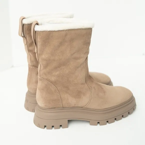 Stuart Weitzman. Bedford Chill Genuine Shearling Lined Moto Suede Booties.
