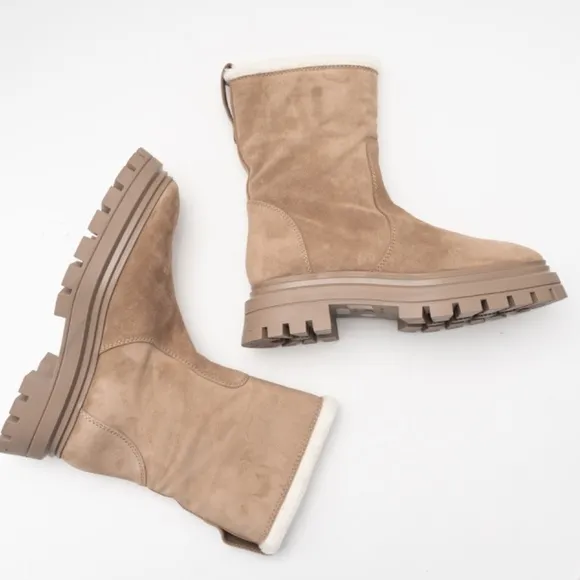 Stuart Weitzman. Bedford Chill Genuine Shearling Lined Moto Suede Booties.