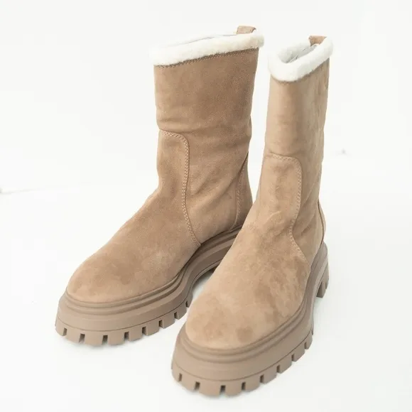 Stuart Weitzman. Bedford Chill Genuine Shearling Lined Moto Suede Booties.