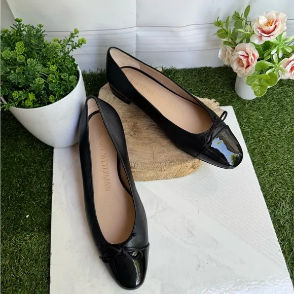 Stuart Weitzman Black Ballet ballerina FlatsSleek Mixed Leather Bow size 7.5
