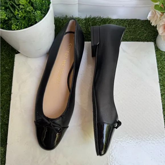 Stuart Weitzman Black Ballet ballerina FlatsSleek Mixed Leather Bow size 7.5