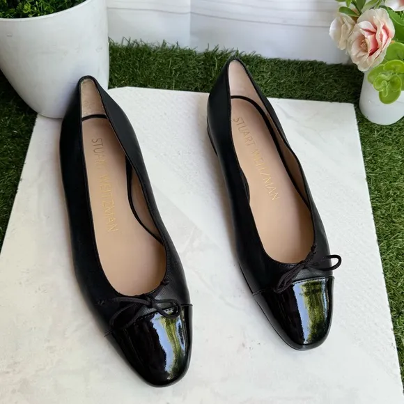 Stuart Weitzman Black Ballet ballerina FlatsSleek Mixed Leather Bow size 7.5