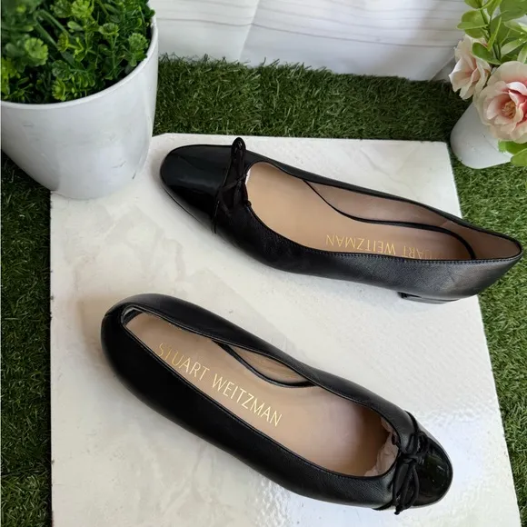 Stuart Weitzman Black Ballet ballerina FlatsSleek Mixed Leather Bow size 7.5