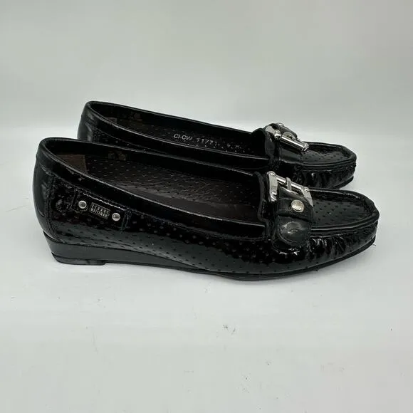 Stuart Weitzman Black Patent Leather Loafers Flats Front Buckle Womens Size 4M