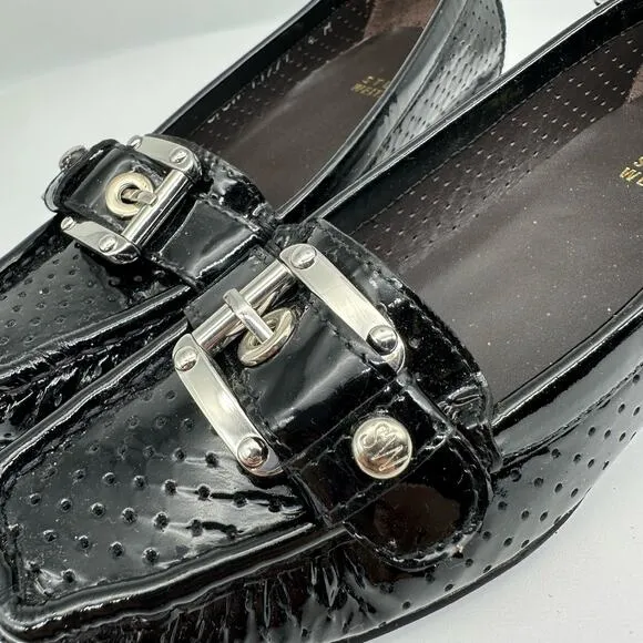 Stuart Weitzman Black Patent Leather Loafers Flats Front Buckle Womens Size 4M
