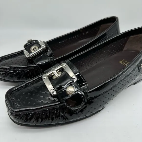 Stuart Weitzman Black Patent Leather Loafers Flats Front Buckle Womens Size 4M