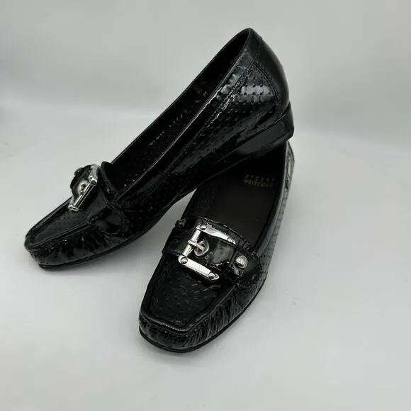 Stuart Weitzman Black Patent Leather Loafers Flats Front Buckle Womens Size 4M