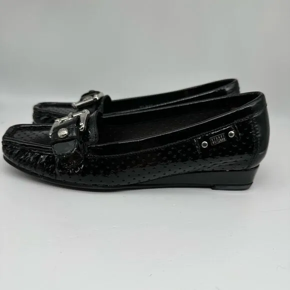 Stuart Weitzman Black Patent Leather Loafers Flats Front Buckle Womens Size 4M