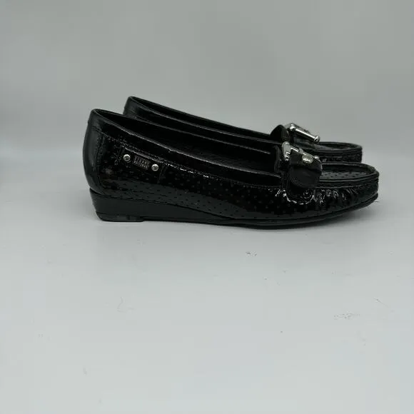 Stuart Weitzman Black Patent Leather Loafers Flats Front Buckle Womens Size 4M