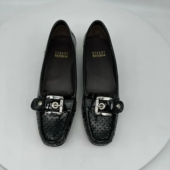 Stuart Weitzman Black Patent Leather Loafers Flats Front Buckle Womens Size 4M