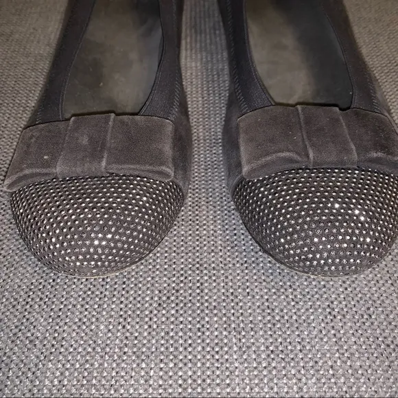 Stuart Weitzman black slip on ballet flats, jewels, bow, size 8.5