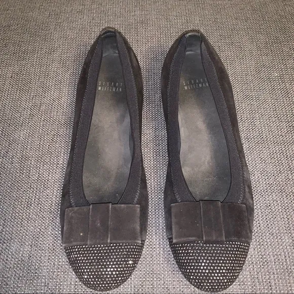 Stuart Weitzman black slip on ballet flats, jewels, bow, size 8.5