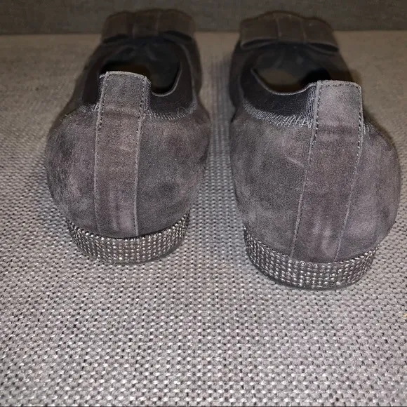 Stuart Weitzman black slip on ballet flats, jewels, bow, size 8.5