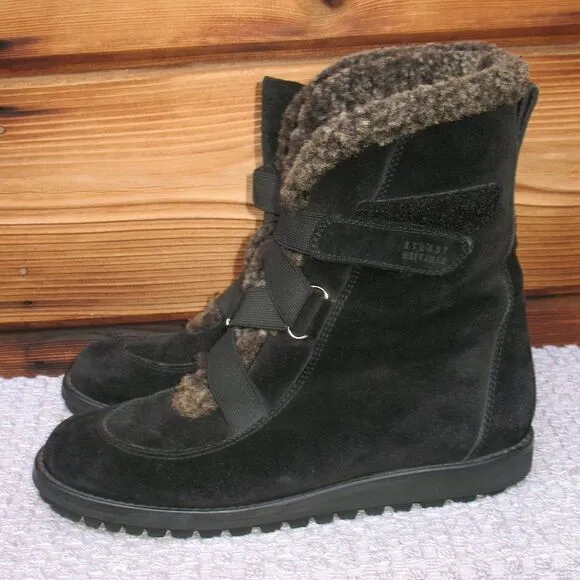 Stuart Weitzman Black Suede Shearling Fur Lined Combat Boots
